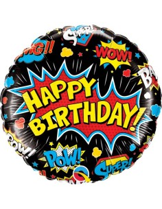 Balão FOIL HAPPY BIRTHDAY REDONDO SUPER HEROIS  PRETO 46cm