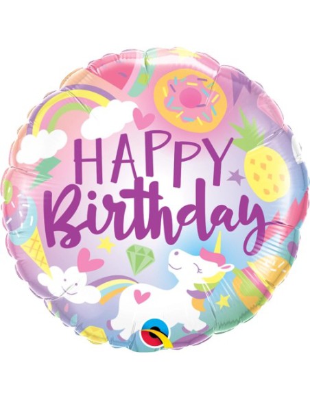 Balão FOIL HAPPY BIRTHDAY REDONDO UNICORNIO CANDY 46cm