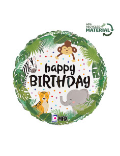 Balão FOIL Happy Birthday Redondo Animais na Selva 46cm