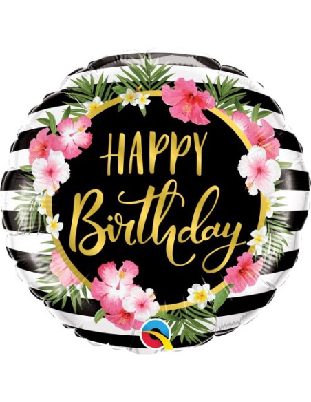 Balão FOIL HAPPY BIRTHDAY REDONDO PRETO FLORES 46cm