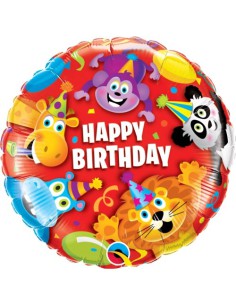Balão FOIL HAPPY BIRTHDAY REDONDO ANIMAIS EM FESTA 46cm