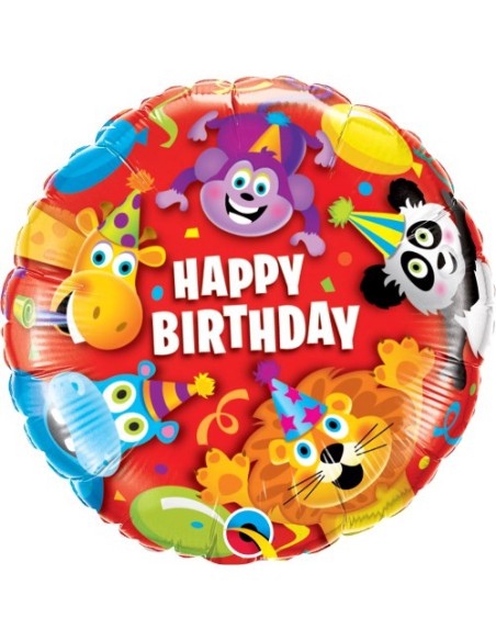 Balão FOIL HAPPY BIRTHDAY REDONDO ANIMAIS EM FESTA 46cm