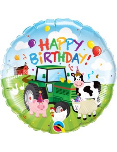 Balão FOIL HAPPY BIRTHDAY REDONDO TRATOR e ANIMAIS 46cm
