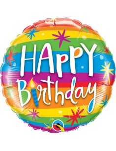 Balão FOIL HAPPY BIRTHDAY REDONDO LISTAS RAINBOW 46cm