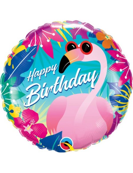 Balão FOIL HAPPY BIRTHDAY REDONDO FLAMINGO TROPICAL 46cm