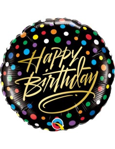 Balão FOIL HAPPY BIRTHDAY REDONDO SCRIPT e PONTOS 46cm