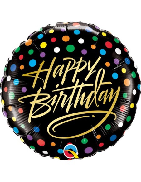 Balão FOIL HAPPY BIRTHDAY REDONDO SCRIPT e PONTOS 46cm
